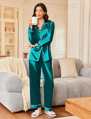 Ekouaer Silk Satin Pajama Set for Womens Button Up Long Sleeve Pj Sleepwear - image 2