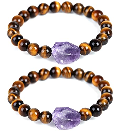2 Pack 8mm Amethyst Crystal Tiger Eye Stretch Bracelet 7.48 In Healing Obsidian Stone Charm Bracelets Black Agate Beads Energy Heart Charm Handmade Bracelet for Girls Womens(Tiger Eye)