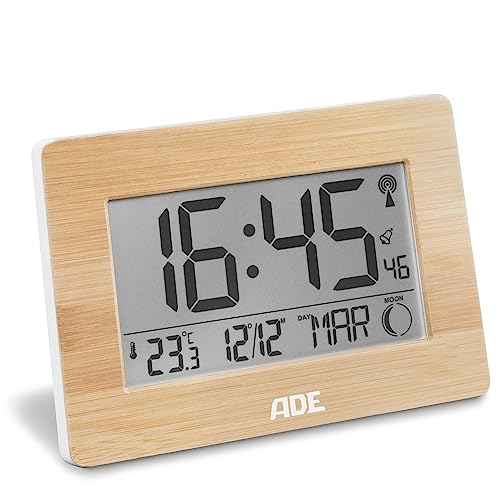 ADE Horloge radiopilotée avec Chiffres XXL | avec Affichage de la température | comme Horloge Murale ou de Table | Cadre en Bambou