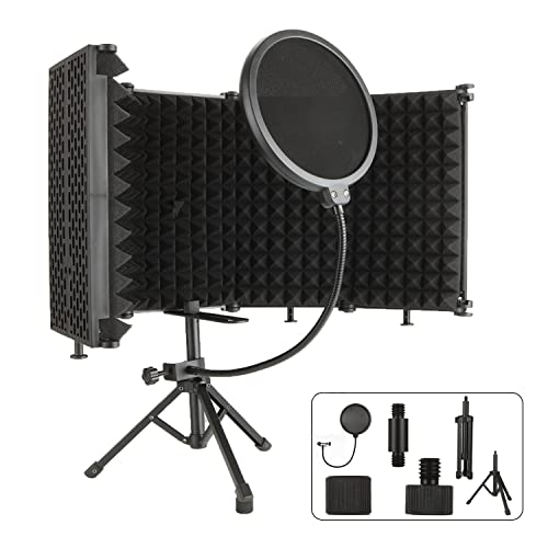 MIVIDE Bouclier d'isolation pour Microphone avec Trépied, Bouclier d'isolation Acoustique avec Filtre anti pop et Trépied, 5 Panneaux Pliable en Mousse Absorbant pour Anti Bruit et Vent (Noir)