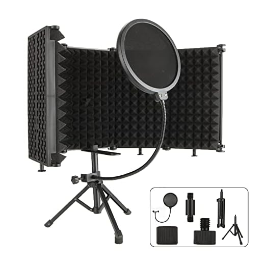 MIVIDE Pantalla de aislamiento de micrófono plegable, protección acústica con filtro pop y trípode, 5 paneles plegables de absorción de espuma para protección de ruido y viento (negro)