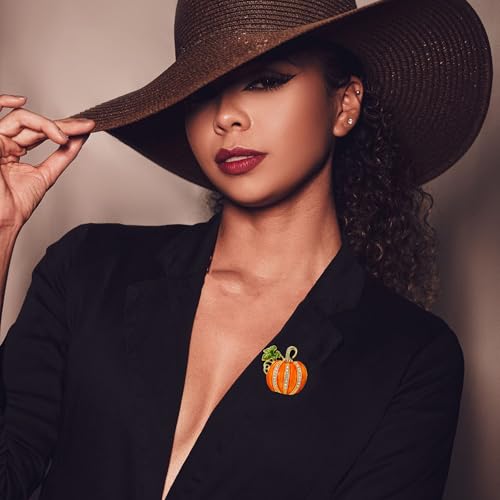 Image of Rhinestone Pumpkin Brooch Pin for Women, Halloween Thanksgiving Gold Tone Enamel Green Leaf Brooches Lapel Pins Cute Autumn Holiday Festival Hat Bag Suit Dress Jewelry Souvenir