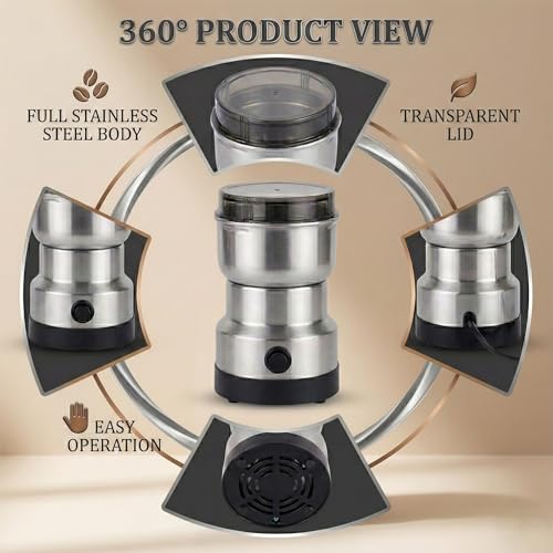 Image of Andrew James Mini Mixer Grinder Small Size 150W High Speed | EVERSYS Stainless Steel Spice Grinder & Coffee Beans Grinder | Portable Electric Grinder for Masala, Dry Ingredients (100g Capacity)