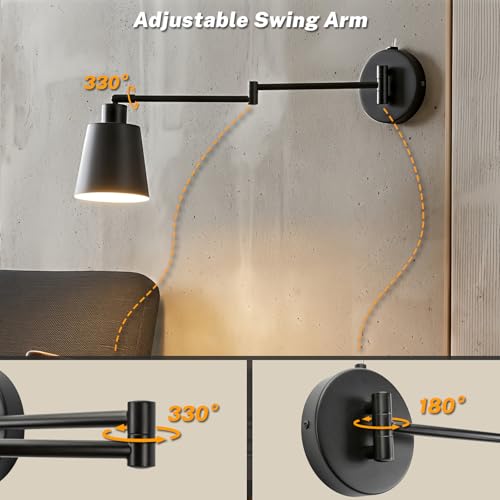 Image of OSYNNIQ Wall Sconce Light with Adjustable Swing Arm for Bedside Reading | Wall Lamp, Modern, Industrial, Lighting Fixture, Black, Hardwired, for Bedroom /Living Room /Indoor, E26 Bulb Included