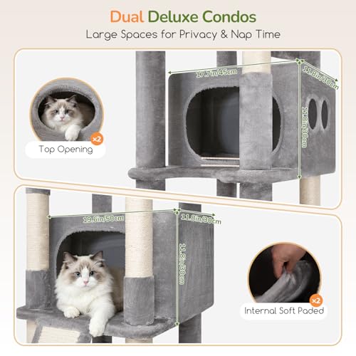 Image of Globlazer Extra Tall Large Cat Tree, 84in Multi-Level Cat Climbing Tower for Indoor Cat Large Adult, Widened Condo with Scratch Board, 7 Scratching Posts, Padded Perch, Metal Basket, S84E, Light Grey