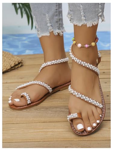 GORGLITTER Women's Pearl Strappy Flat Sandals Beaded Ankle Strap Toe Ring Trendy Dressy 2025 Sandal2