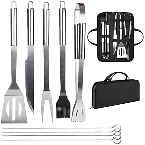 Kit de utensilios de acero inoxidable para barbacoa (9 piezas) con bolsa de transporte Cover