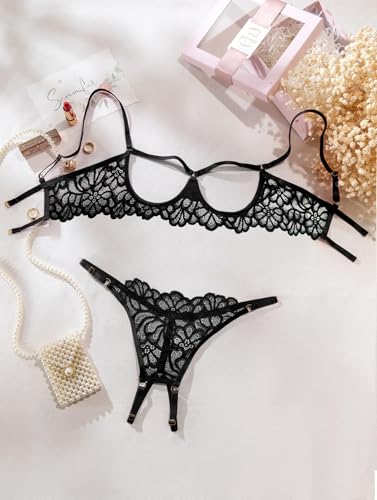 Image of Lilosy Sexy Underwire Floral Lace Sheer Lingerie Set for Women See Through Bra and Panty 2 Piece