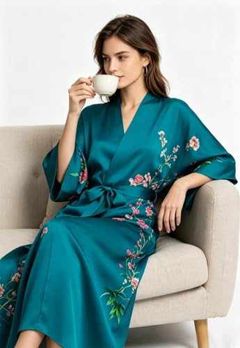 Image of Women's Classic 100% Silk Kimono Robe, Bathrobe-Printed Pattern
