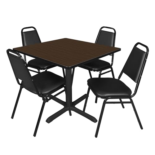 Image of Romig Pillar 36 in. Square Breakroom Table- Neo Walnut & 4 Restaurant Stack Chairs- Black