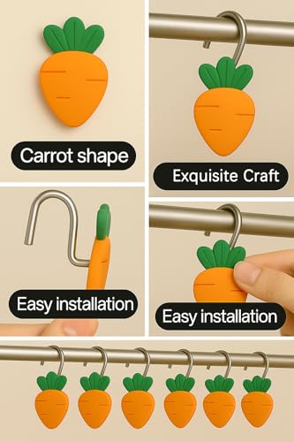 Image of 12‑Pack Resin Carrot Shower Curtain Hooks - Cute Orange & Green Carrot-Shaped Curtain Rings for Bathroom, Kitchen & Nursery Decor