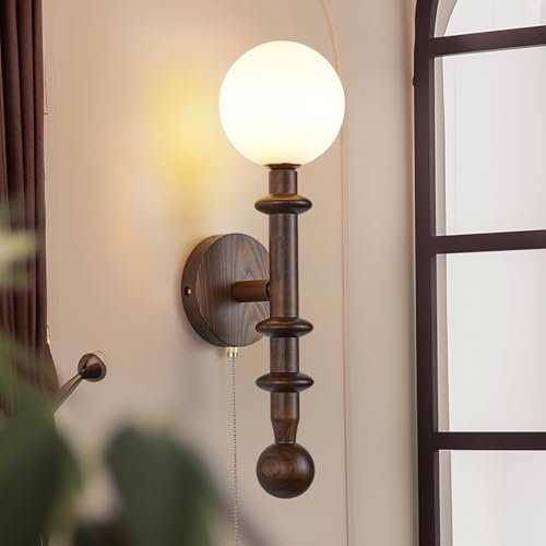 Image of Wood Wall Sconce,Industrial Globe Wall Sconce,Modern Bedroom Vanity Wall Light fixtures with White Globe Glass Lampshade for Living Room、dinging Room