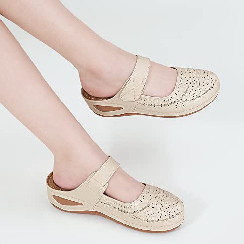 Alicegana Mules For Women Comfortable Closed Toe Sandals Slip On Shoes Casual Summer Wedge Sandals Adjustable Hook Loop Apricot #TOP5