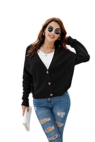 Tasamo Women's Long Sleeve Knit Sweater Open Front Cardigan Button Loose Outerwear (Large,Black) #TOP4