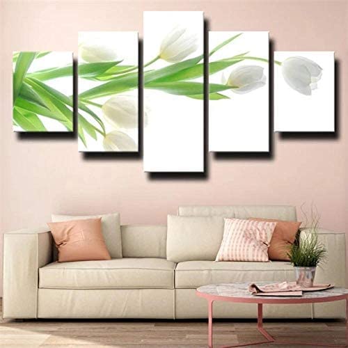 Canvas Wall Art 5 Piece Giclee Prints On Canvas White Tulip Flower Canvas Painting Posters And Prints Wall Art Picture For Living Room Home Wall Decoration (Xxl/With Frame 200 X 100 Cm) -9P3J+E7J