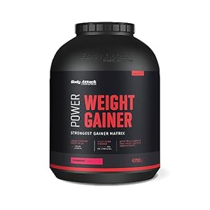Body Attack Power Weight Gainer, Strawberry, 4,75 kg, 100% massabouw, koolhydraat eiwitpoeder om spieren op te bouwen met Wei-eiwit, ideaal voor hardgainers.