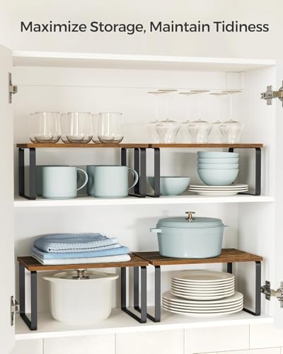 Image of ABJA Kitchen Organizer Racks, Set of 2 Wooden Rack for Kitchen Storage, Counter Top Stackable, Expandable, Adjustable Shelves (Rustic Brown, 2 Tier Stack)