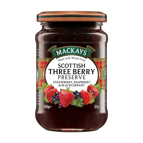 Image of Mackays Scottish Three Berry Preserve 340g | Strawberry, Raspberry & Blackcurrant | Made with Whole Fruit | Traditional Copper Pan Cooked | Vegan | Imported from Scotland