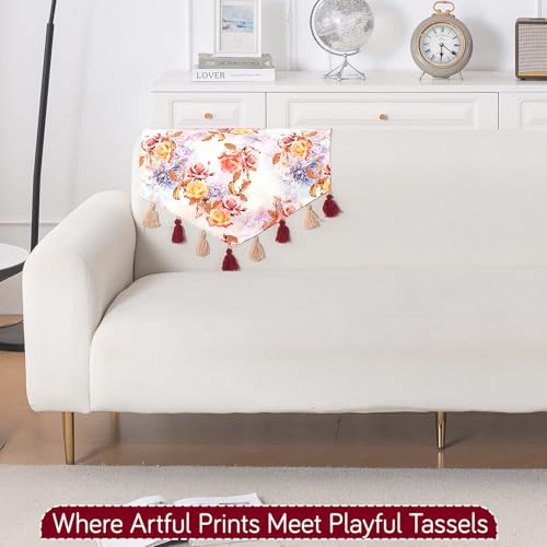 Image of HOKIPO Premium Sofa Backrest Cover Mat | Printed Holland Velvet with Tassels | 'Whispers of Nature' Vintage Rose Bloom (IN-1116-D12)