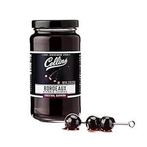 Collins Stemmed Black Cherries for Cocktails, Old Fashioned, Manhattan, and Whiskey Sour, Cocktail Cherry in Bordeaux Syrup, Garnish for Mocktails, Party Drinks, Baking, Desserts, 10 oz
