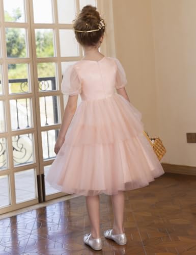 Girls Puff Short Sleeves Satin Tulle Flower Girl Dresses for Wedding Party Crewneck Layers Pageant Birthday Midi Dress2