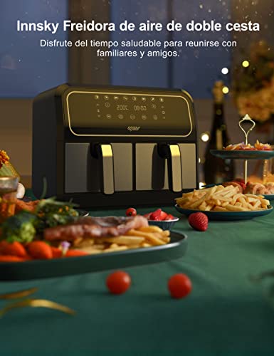 Innsky Freidora de Aire sin Aceite Dual Zone, 8L Freidora Aire Caliente Doble Compartimento, Actualizar Air Fryer con 8 Programas, con Recetas Españolas (X-Large)
