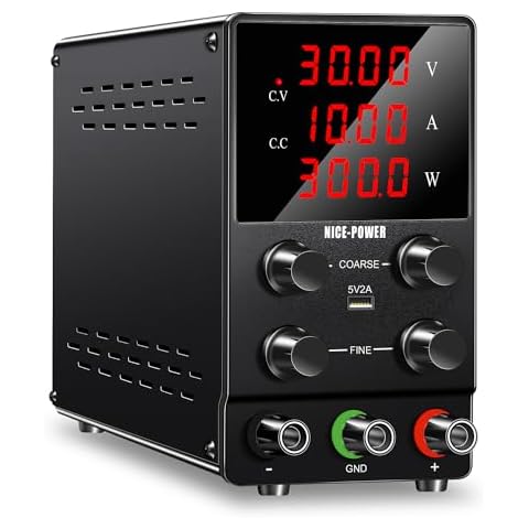 NICE-POWER DC Power Supply Variable: 30V 10A Adjustable Switching Regulated High Precision 4-Digits LED Display 5V/2A USB Port Test Lead Output & Input Power Cord Bench Lab Power Supplies Cover