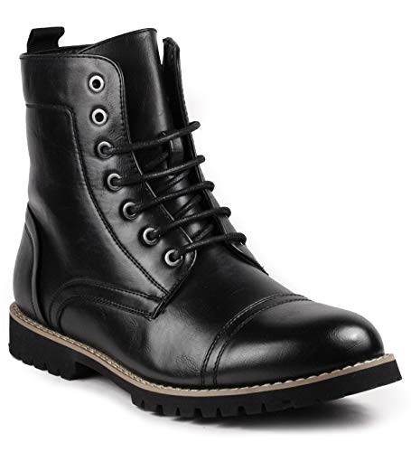 Metrocharm Classic Combat Style Boots, Synthetic Leather, Military Style Lace-up with Side Zipper, Rugged Lug Sole, Cap Toe Design, Casual Wear MC311
