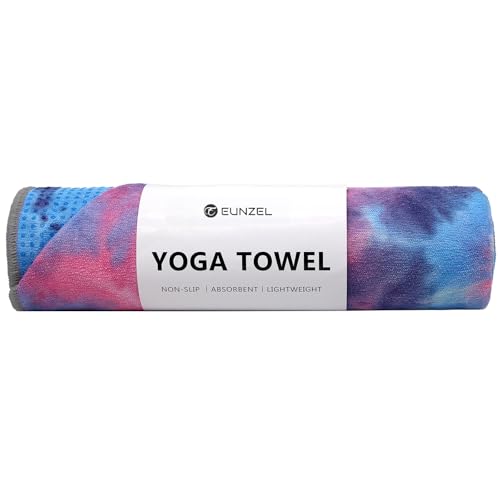 Eunzel Yoga Towel,Hot Yoga Mat Towel with Grip Dots Sweat Absorbent Non-Slip for Hot Yoga, Pilates and Workout 24' x72', Purple & Blue