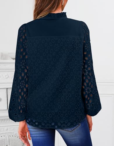 BETTE BOUTIK Women's Long Short Sleeve Tops 2025 Dressy Casual Button Hollow Out Lace Embroidered Blouses Shirts
