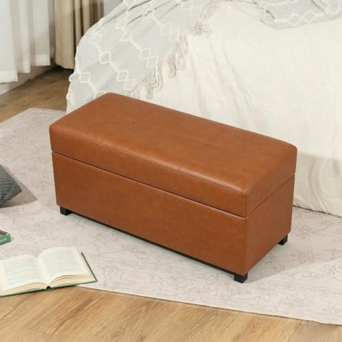 Storage-Ottoman-Bench-32-Inch-Faux-Leather-Footstool-Brown Storage Ottoman Bench, 32-Inch Faux Leather Footstool, Brown - Image 1