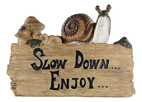 Ebros Enchanted Fairy Garden Spiral Shell Helix Snail by Mushrooms On Wooden Bark Trunk Log with 'Slow Down Enjoy' Sign Figurine 11.5' Long Lighthearted Relax Message Whimsical Home Decor Accent