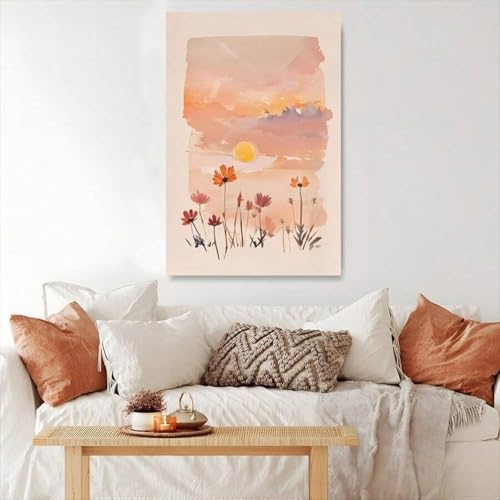 Impression sur toile fleurs sauvages et coucher de soleil sous cadre 60x90 cm