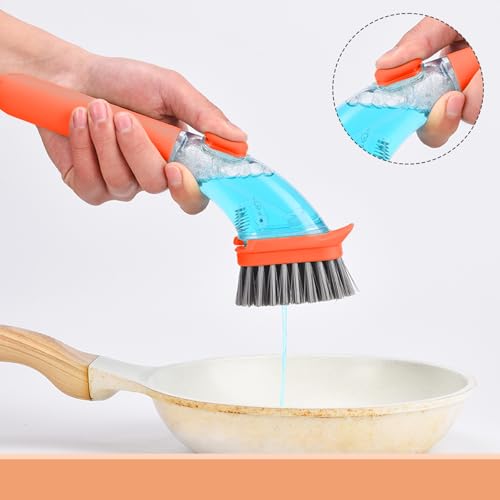 Image of dishwashing Brush with Handle, Scratch-Free dishwashing Brush, Plate Brush, soap Dispenser, Kitchen Tableware, Pot, Sink Cleaning Set (Orange)