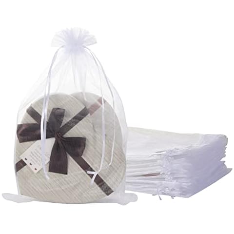 HooAMI 25pcs White Organza Silk Bag for Jewellery Gift Sugar Coins Seeds Storage Wedding Pouch Bags 20cmx30cm Cover