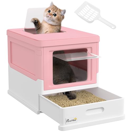 PawHut Katzenklo mit Deckel Faltbare Katzentoilette mit Haube Schaufel ausziehbares Tablett geruchsneutralisierend, spritzfrei Katzentoilette für Katzen bis 5 kg 47,5 x 35,5 x 36,7 cm Weiß+Rosa