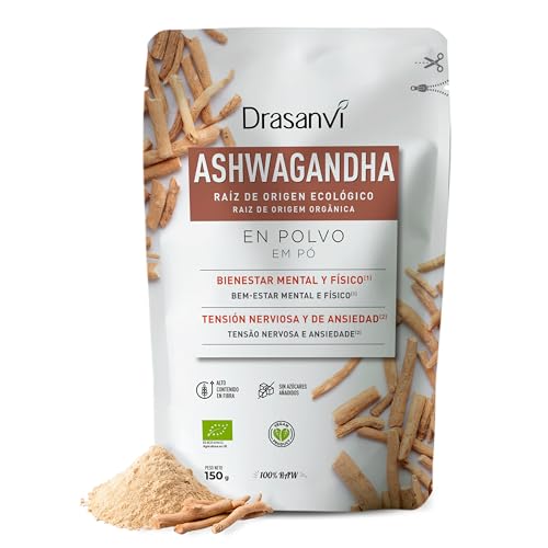 Drasanvi Ashwagandha en Polvo BIO 150 g | Adaptógeno Natural para Estrés y Ansiedad | Withania somnifera | Ginseng Indio Adaptógeno | Estrés, Ansiedad y Sueño | Vegano, Sin Gluten