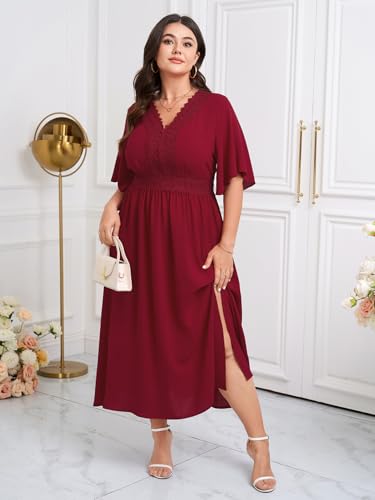 Image of SCOMCHIC Womens Plus Size Summer Maxi Dress Short Sleeve V-Neck Lace Boho A-Line Slit Flowy Wedding Guest Cocktail Dresses