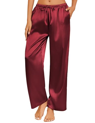 Image of Ekouaer Womens Silk Satin Pajama Lounge Pants Sleep Pj Bottoms with Pockets | Silky,Loose Wide Leg,Drawstring Elastic Waist,Casual,Loose,Elegant