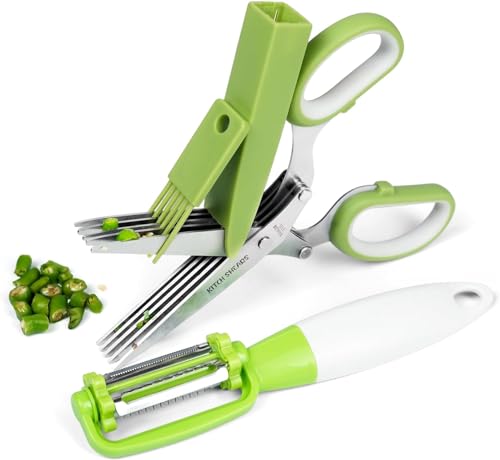 KitchShears Herb Scissors with 5 Blades and Cover - Premium Quality Stainless-Steel Herb Cutter for Kitchen & Garden Herbs - With safety Cover Cleaning Comb & Peeler - Dishwasher Safe & Easy to Clean -  Kitch Shears, HS-Kit1