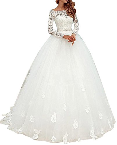 Preisvergleich Produktbild Cloverbridal Elegant Brautkleider Spitze Hochzeitskleider für Damen Prinzessin Lange Ärmel (38, Elfenbein)