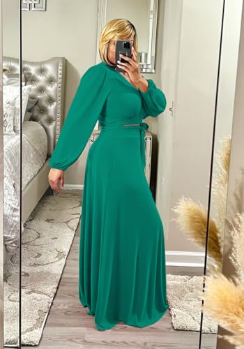 Image of Plus Size Women's 2 Piece Outfits Casual Long Sleeve Wrap Crop Top Maxi Long Dress Flowy Matching Sets