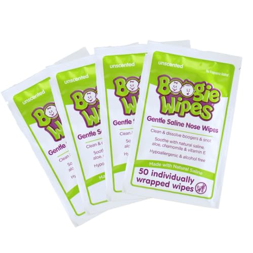 Image of Boogie Wipes Single Packs, Unscented, Wipes Away Dirt and Germs, Natural Saline Tissue with Aloe, Chamomile and Vitamin E, 1 Count, Pack of 50