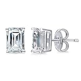 BERRICLE Rhodium Plated Sterling Silver Solitaire Anniversary Wedding Stud Earrings Made with Swarovski Zirconia Emerald Cut 2 CTW