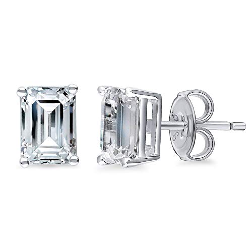 BERRICLE Rhodium Plated Sterling Silver Solitaire Anniversary Wedding Stud Earrings Made with Swarovski Zirconia Emerald Cut 2 CTW