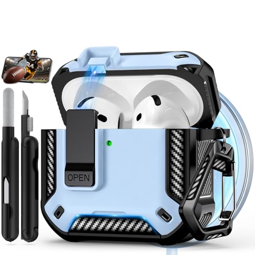 Image of Compatible with AirPods 4 Case with Phone Stand,Automatic Snap Switch Lock,Carbon Fiber Texture Design Cover with Cleaner Kit,Compatible with MagSafe (Light Blue,for AirPods 4)