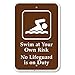 SmartSign 3M Engineer Grade Reflective Sign, Legend "Swim at Your Own Risk No Lifeguard is on Duty" with Graphic, 18" high x 12" wide, White on Brown