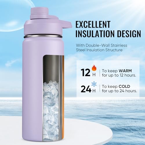 Image of Fijinhom Insulated Water Bottle with Handle, 304 Stainless Steel Water Bottles with Wide Mouth, Double Wall Vacuum Sports Water Bottle, BPA Free, Keep Cold and Hot, 18 Ounces, Purple