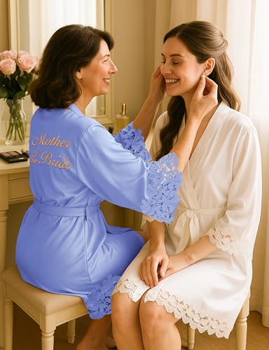 Image of EPLAZA Bride Robe for Wedding Day Set Bridal Robe Lace Trim Silky Embroidery Satin Kimono for Bridal Party
