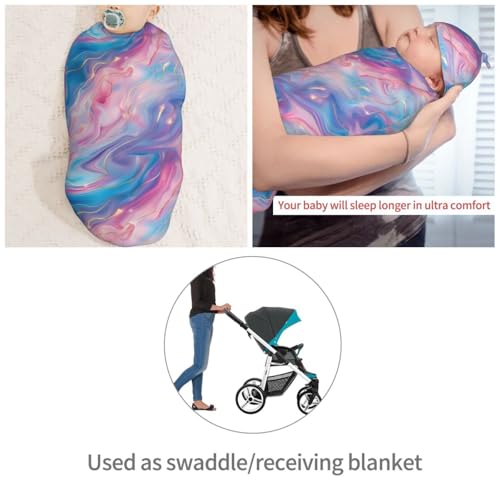 Image of Pink and Blue Marble Newborn Swaddle Blankets Hat Sets Soft Baby Receiving Blanket Swaddle Sack for Baby Shower Infant Boy Girl Gift